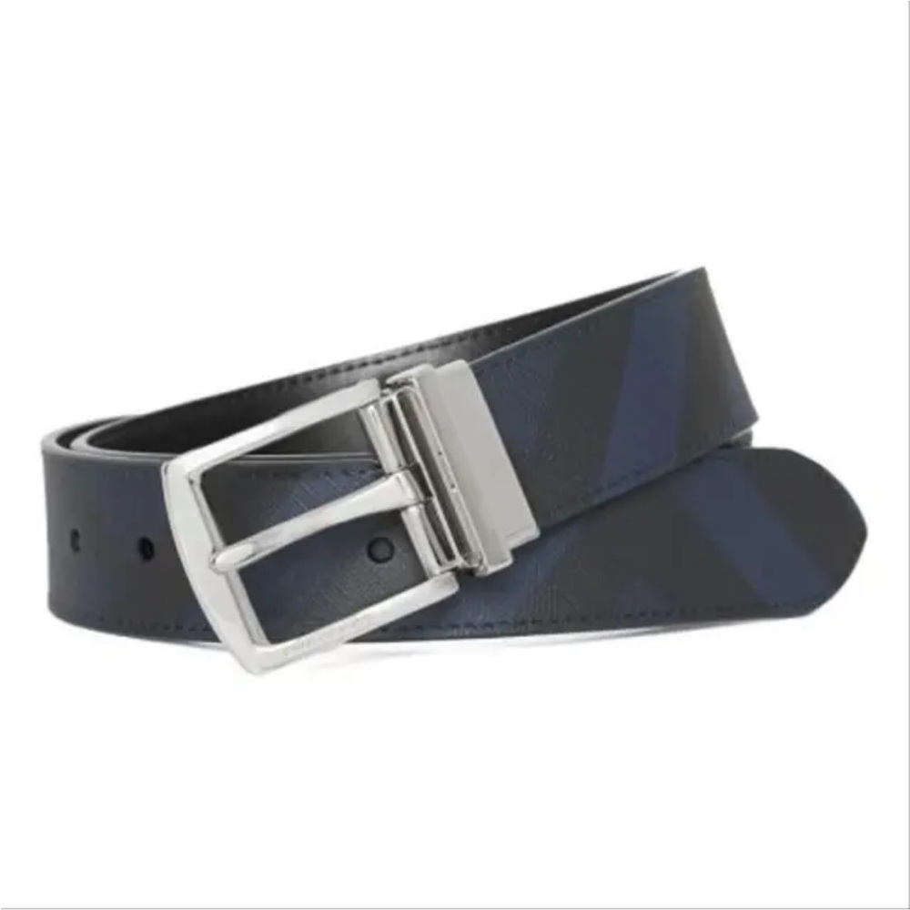NWT BURBERRY Reversible London Check Belt Navy Black Leather Silver Buckle 30/75